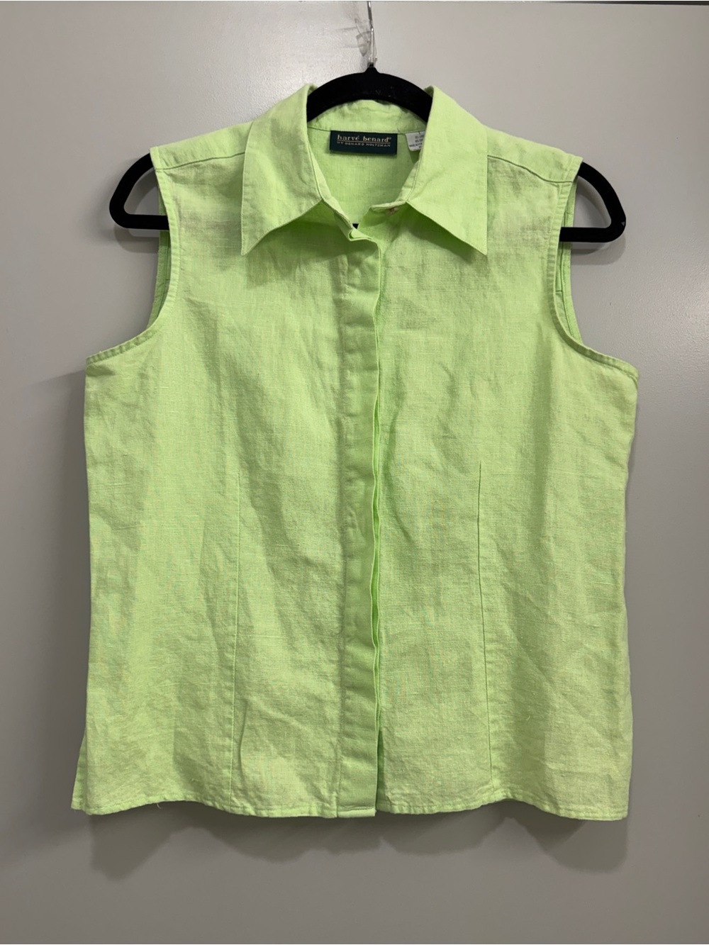 Harve Benard Lime Linen Sleeveless Button Front Shirt Relaxed Minimalist Coastal
